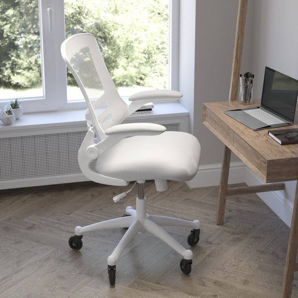 English Elm Kelista Ergonomic Mid-Back Office Chair with Lumbar Support, Flip-Up Arms & Smooth Roller Wheels Light Gray Mesh/White Frame BL-X-5M-WH-GY-RLB-GG