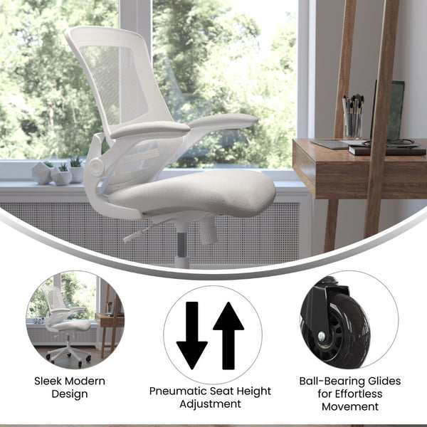 English Elm Kelista Ergonomic Mid-Back Office Chair with Lumbar Support, Flip-Up Arms & Smooth Roller Wheels Light Gray Mesh/White Frame BL-X-5M-WH-GY-RLB-GG