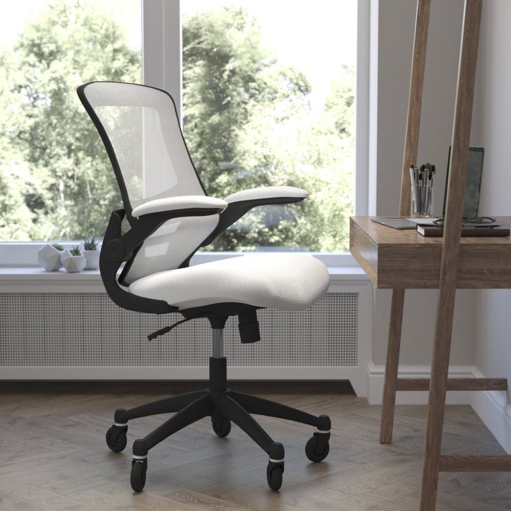 English Elm Kelista Ergonomic Mid-Back Office Chair with Lumbar Support, Flip-Up Arms & Smooth Roller Wheels White Mesh/Black Frame BL-X-5M-WH-RLB-GG