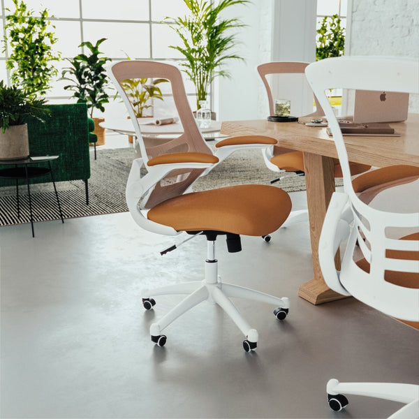 English Elm Kelista Ergonomic Swivel Office Chair with Mesh Back, Adjustable Height & Flip-Up Arms for Comfort Tan Mesh/White Frame BL-X-5M-WH-TAN-GG