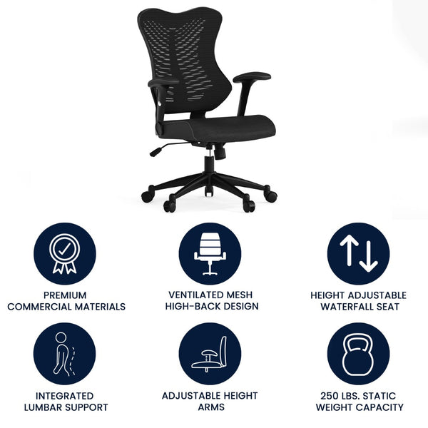 English Elm Kale High-Back Ergonomic Executive Office Chair with Adjustable Arms for Ultimate Comfort & Support Black Mesh BL-ZP-806-BK-GG