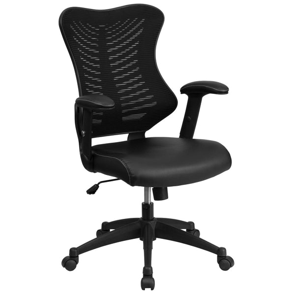 English Elm Kale High-Back Ergonomic Executive Office Chair with Adjustable Arms for Ultimate Comfort & Support Black Mesh & LeatherSoft BL-ZP-806-BK-LEA-GG