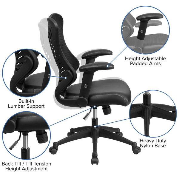 English Elm Kale High-Back Ergonomic Executive Office Chair with Adjustable Arms for Ultimate Comfort & Support Black Mesh & LeatherSoft BL-ZP-806-BK-LEA-GG