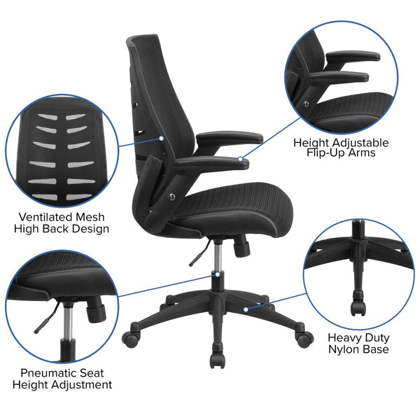 English Elm Kale High Back Ergonomic Executive Chair - Adjustable Mesh Comfort, Flip-Up Arms & Lumbar Support BL-ZP-809-BK-GG
