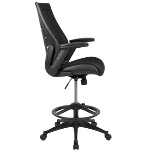English Elm Kale High Back Ergonomic Drafting Chair with Adjustable Foot Ring and Flip-Up Arms for Comfort Black BL-ZP-809D-BK-GG