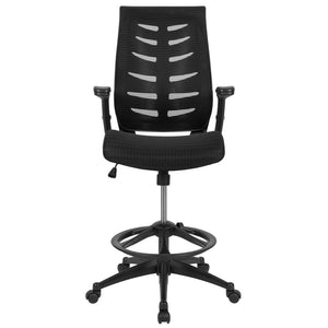 English Elm Kale High Back Ergonomic Drafting Chair with Adjustable Foot Ring and Flip-Up Arms for Comfort Black BL-ZP-809D-BK-GG