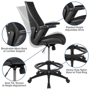 English Elm Kale High Back Ergonomic Drafting Chair with Adjustable Foot Ring and Flip-Up Arms for Comfort Black BL-ZP-809D-BK-GG