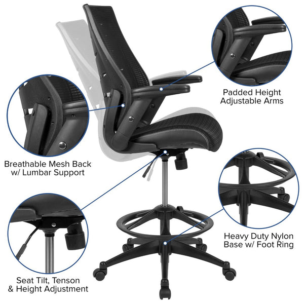 English Elm Kale High Back Ergonomic Drafting Chair with Adjustable Foot Ring and Flip-Up Arms for Comfort Black BL-ZP-809D-BK-GG