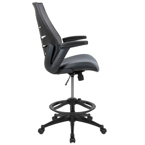 English Elm Kale High Back Ergonomic Drafting Chair with Adjustable Foot Ring and Flip-Up Arms for Comfort Dark Gray BL-ZP-809D-DKGY-GG