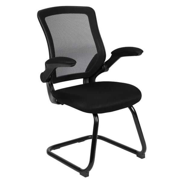 English Elm Kale Modern Black Mesh Sled Base Reception Chair with Flip-Up Arms for Comfortable Guest Seating BL-ZP-8805C-GG