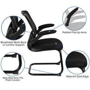 English Elm Kale Modern Black Mesh Sled Base Reception Chair with Flip-Up Arms for Comfortable Guest Seating BL-ZP-8805C-GG