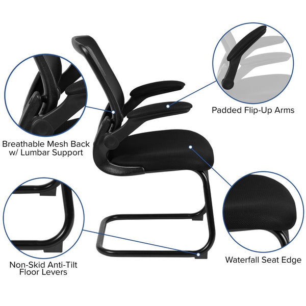 English Elm Kale Modern Black Mesh Sled Base Reception Chair with Flip-Up Arms for Comfortable Guest Seating BL-ZP-8805C-GG