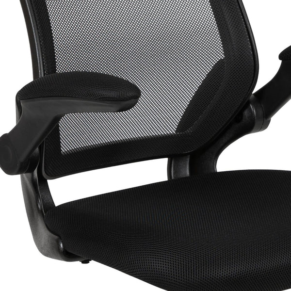 English Elm Kale Modern Black Mesh Sled Base Reception Chair with Flip-Up Arms for Comfortable Guest Seating BL-ZP-8805C-GG