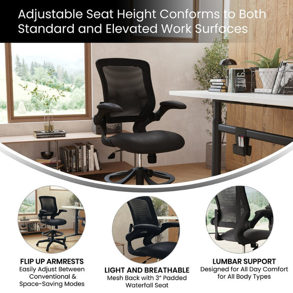 English Elm Kale Ergonomic Drafting Chair with Adjustable Foot Ring and Flip-Up Arms for Maximum Comfort Black BL-ZP-8805D-BK-GG