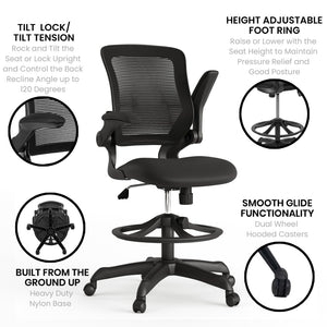 English Elm Kale Ergonomic Drafting Chair with Adjustable Foot Ring and Flip-Up Arms for Maximum Comfort Black BL-ZP-8805D-BK-GG