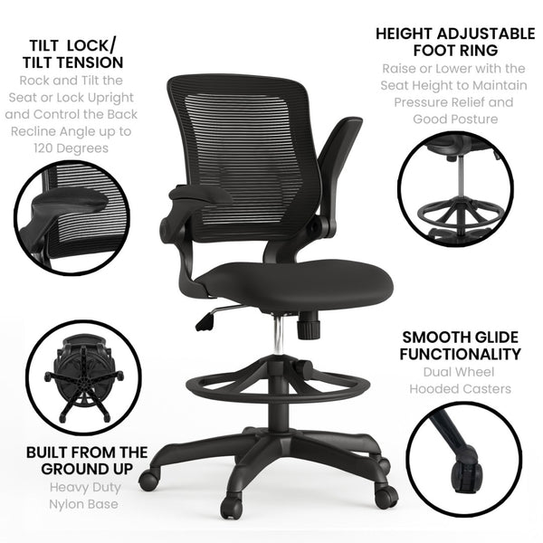 English Elm Kale Ergonomic Drafting Chair with Adjustable Foot Ring and Flip-Up Arms for Maximum Comfort Black BL-ZP-8805D-BK-GG