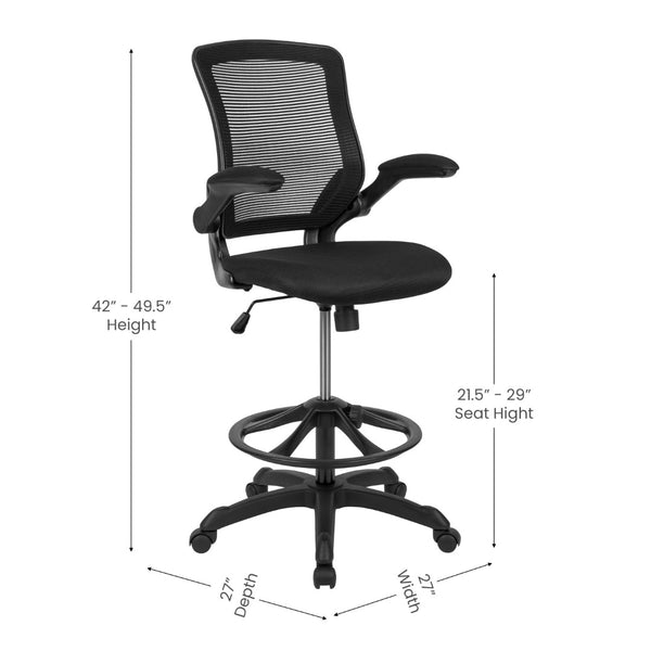English Elm Kale Ergonomic Drafting Chair with Adjustable Foot Ring and Flip-Up Arms for Maximum Comfort Black BL-ZP-8805D-BK-GG