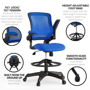 English Elm Kale Ergonomic Drafting Chair with Adjustable Foot Ring and Flip-Up Arms for Maximum Comfort Blue BL-ZP-8805D-BLUE-GG