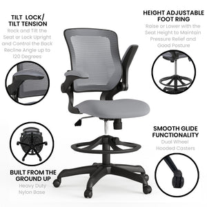 English Elm Kale Ergonomic Drafting Chair with Adjustable Foot Ring and Flip-Up Arms for Maximum Comfort Dark Gray BL-ZP-8805D-DKGY-GG