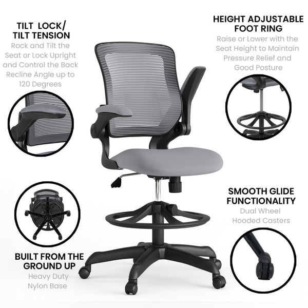 English Elm Kale Ergonomic Drafting Chair with Adjustable Foot Ring and Flip-Up Arms for Maximum Comfort Dark Gray BL-ZP-8805D-DKGY-GG