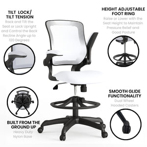 English Elm Kale Ergonomic Drafting Chair with Adjustable Foot Ring and Flip-Up Arms for Maximum Comfort White BL-ZP-8805D-WH-GG