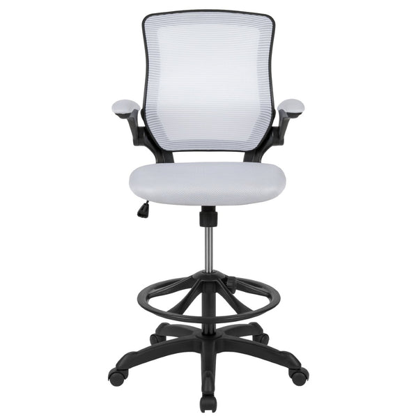 English Elm Kale Ergonomic Drafting Chair with Adjustable Foot Ring and Flip-Up Arms for Maximum Comfort White BL-ZP-8805D-WH-GG