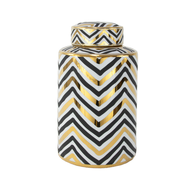 Zeugma Black Gold White Urn - Elegant Ceramic Décor With Striped Zig Zag Motifs, 8" X 8" X 12" Size   241053