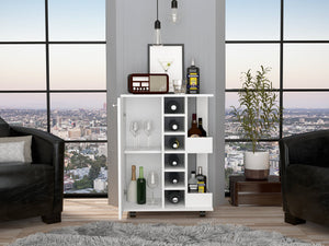 English Elm Bar Cart White Particleboard with Locking Casters, Cabinet & Open Shelves, 6 Wine Cubbies, Stylish Storage B07091830