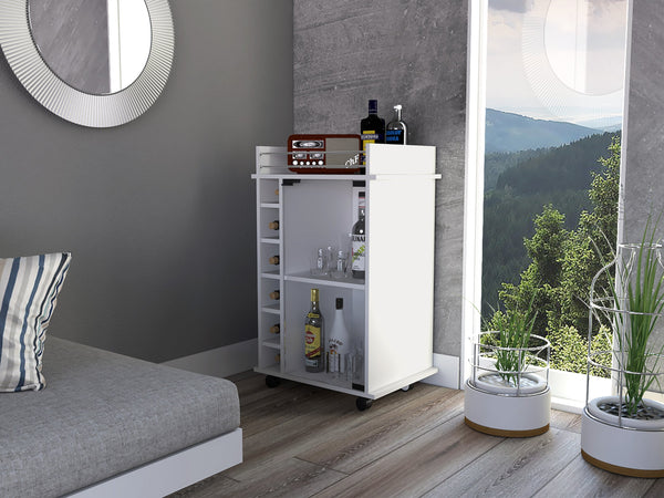 English Elm Dukat White Bar Cart with Glass Door, Two Shelves, Six Bottle Cubbies & Locking Wheels for Entertaining B20091850