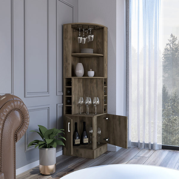 English Elm Syrah Corner Bar Cabinet with 8 Bottle Cubbies, 12-Glass Rack, Double Doors and Open Shelves for Stylish Storage Brown 46 L x 23.2 W x 7.1 H B07091985