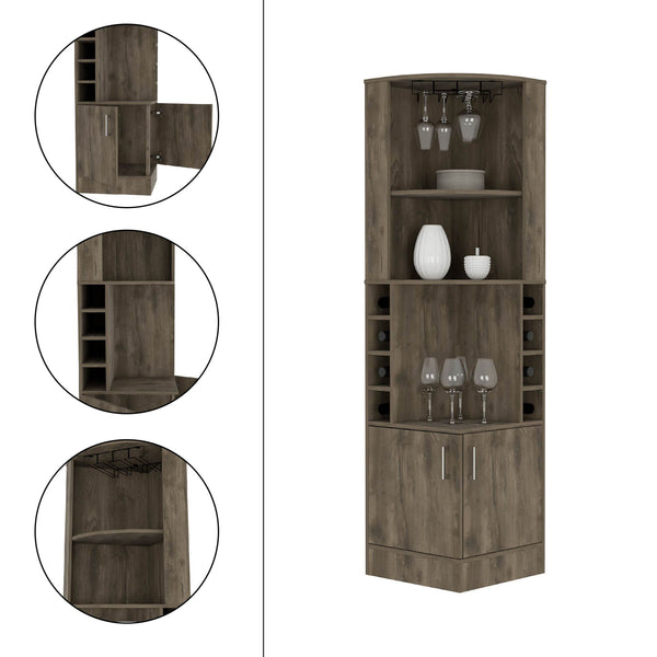 English Elm Syrah Corner Bar Cabinet with 8 Bottle Cubbies, 12-Glass Rack, Double Doors and Open Shelves for Stylish Storage Brown 46 L x 23.2 W x 7.1 H B07091985