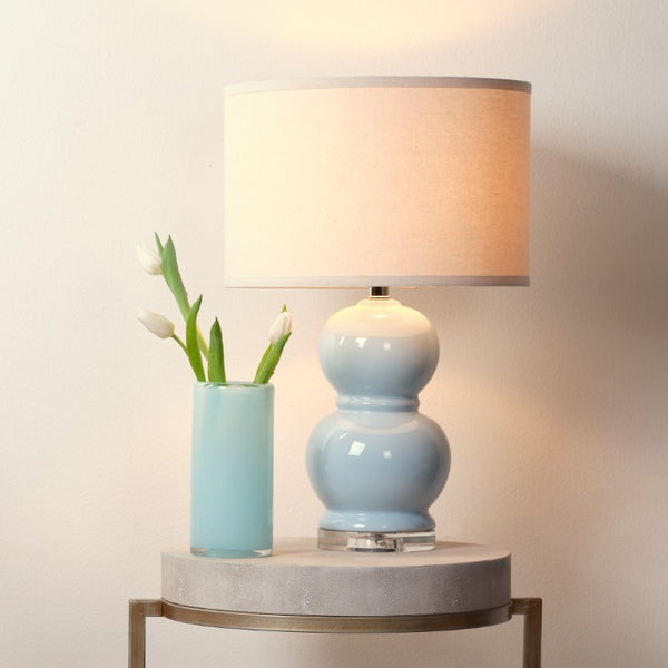 Bubble Hand Blown Glass Table Lamp Stacked Orb Design with Linen Drum Shade