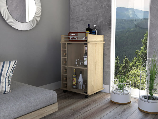 English Elm Dukat Light Oak Bar Cart with Glass Door Cabinet, Two Shelves, Six Bottle Cubbies & Locking Wheels Beige 32.7 L x 21.7 W x 6.7 H B07091848