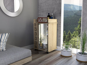 English Elm Dukat Light Oak Bar Cart with Glass Door Cabinet, Two Shelves, Six Bottle Cubbies & Locking Wheels Beige 32.7 L x 21.7 W x 6.7 H B07091848