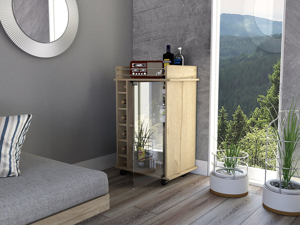 English Elm Dukat Light Oak Bar Cart with Glass Door Cabinet, Two Shelves, Six Bottle Cubbies & Locking Wheels Beige 32.7 L x 21.7 W x 6.7 H B07091848