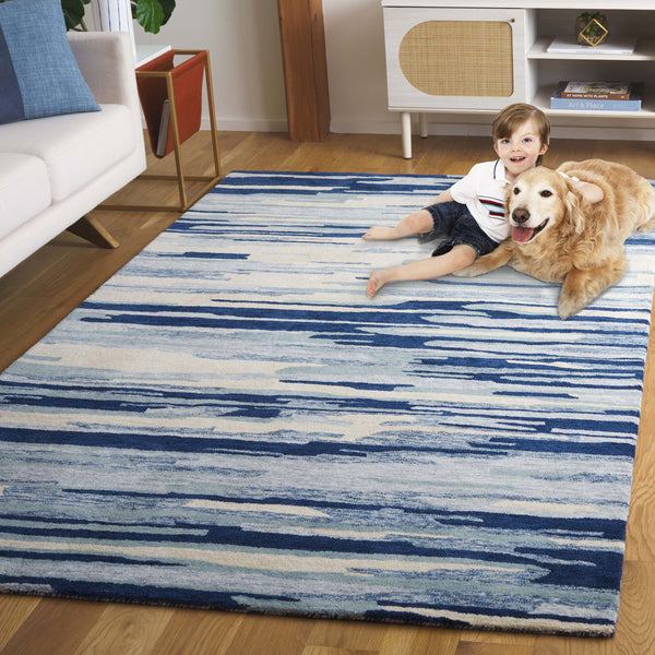 Safavieh Bellagio Handcrafted Area Rug - Vibrant Yellow And Green Abstract Design For Luxurious Living Spaces Blue ,Ivory 80% Wool 20% Cotton Blg201m-8