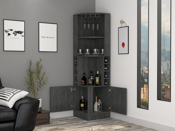 English Elm Syrah Corner Bar Cabinet with 8 Bottle Cubbies, 12-Glass Rack, Double Doors and Open Shelves for Stylish Storage Gray 46.9 L x 23.6 W x 7.1 H B07091986