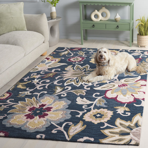 Safavieh Blossom Hand-Tufted Navy & Red Floral Runner — Wool-Cotton Low Pile, Durable Elegance For Hallways 2'-3" x 8'-0" BLM117N-28