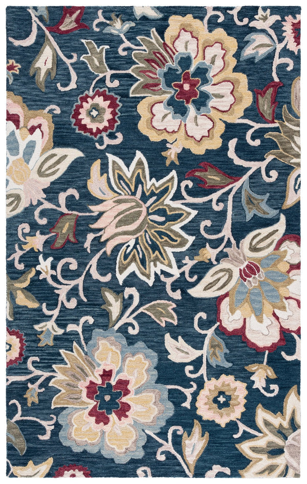 Safavieh Blossom Hand-Tufted Floral Area Rug 5X8 Navy & Red Low-Pile Wool Cotton Blend, Timeless Elegance 5'-0" x 8'-0" BLM117N-5