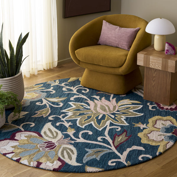 Safavieh Blossom Hand-Tufted Navy & Red Floral Runner — Wool-Cotton Low Pile, Durable Elegance For Hallways 2'-3" x 8'-0" BLM117N-28