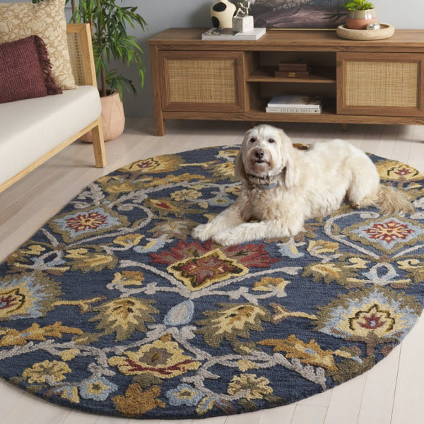 Safavieh Blossom Hand-Tufted Wool Oval Rug with Floral Motif for Dining or Bedroom Navy 5'-0" x 8'-0" BLM402A-5OV