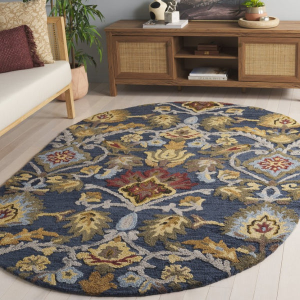 Safavieh Blossom Hand-Tufted Wool Oval Rug with Floral Motif for Dining or Bedroom Navy 5'-0" x 8'-0" BLM402A-5OV