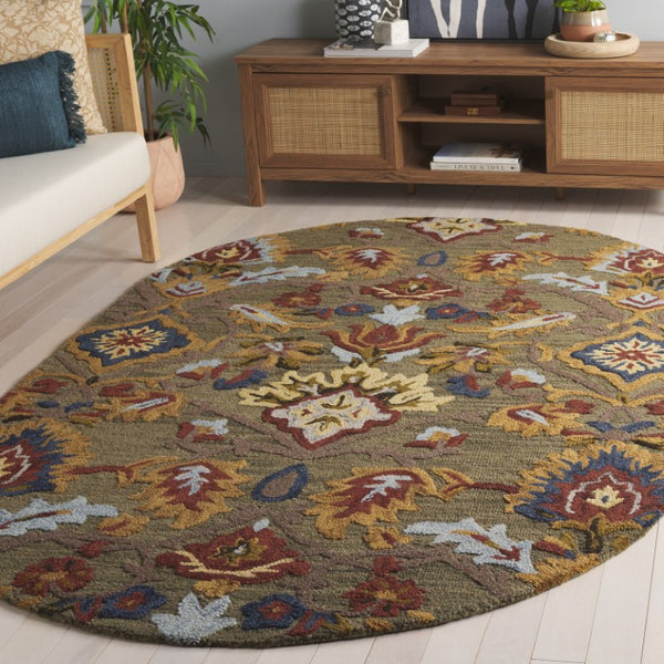 Safavieh Blossom Hand-Tufted Wool Oval Rug with Floral Motif for Dining or Bedroom Green 5'-0" x 8'-0" BLM402B-5OV