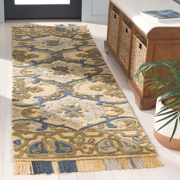 Safavieh Blossom Hand Tufted Transitional Area Rug In Elegant Green And Gold With Ornate Scrollwork Design Gold ,Blue 80% Wool,20% Cotton Blm422d-4