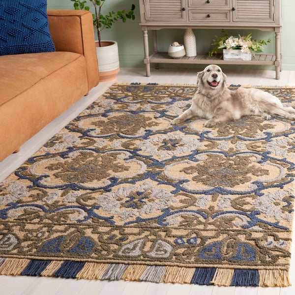 Safavieh Blossom Hand Tufted Transitional Area Rug In Elegant Green And Gold With Ornate Scrollwork Design Gold ,Blue 80% Wool,20% Cotton Blm422d-4