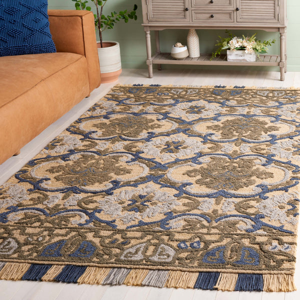 Safavieh Blossom Hand Tufted Transitional Area Rug In Elegant Green And Gold With Ornate Scrollwork Design Gold ,Blue 80% Wool,20% Cotton Blm422d-4