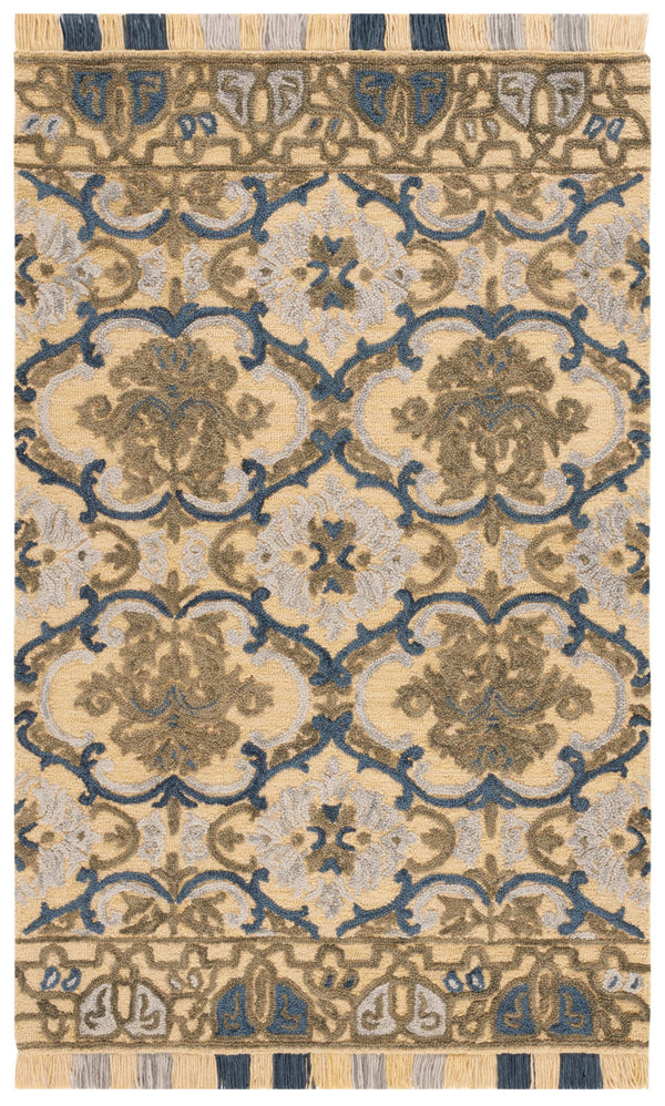 Safavieh Blossom Hand Tufted Transitional Area Rug In Elegant Green And Gold With Ornate Scrollwork Design Gold ,Blue 80% Wool,20% Cotton Blm422d-4