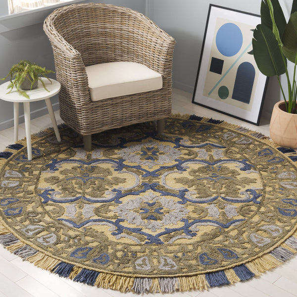 Safavieh Blossom Hand Tufted Transitional Area Rug In Elegant Green And Gold With Ornate Scrollwork Design Gold ,Blue 80% Wool,20% Cotton Blm422d-4