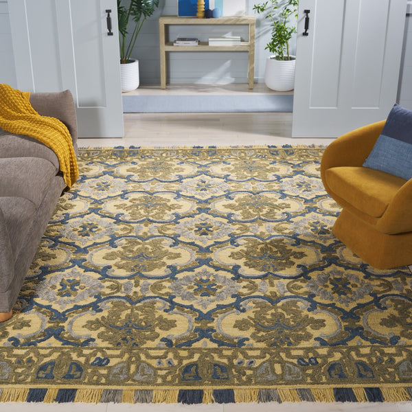 Safavieh Blossom Hand Tufted Transitional Area Rug In Elegant Green And Gold With Ornate Scrollwork Design Gold ,Blue 80% Wool,20% Cotton Blm422d-4