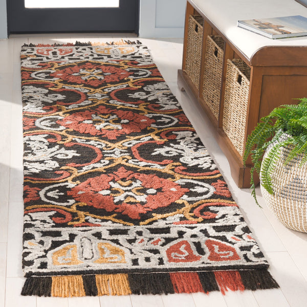Safavieh Blossom Hand Tufted Transitional Area Rug In Elegant Green And Gold With Ornate Scrollwork Design Charcoal ,Red 80% Wool,20% Cotton Blm422h-3